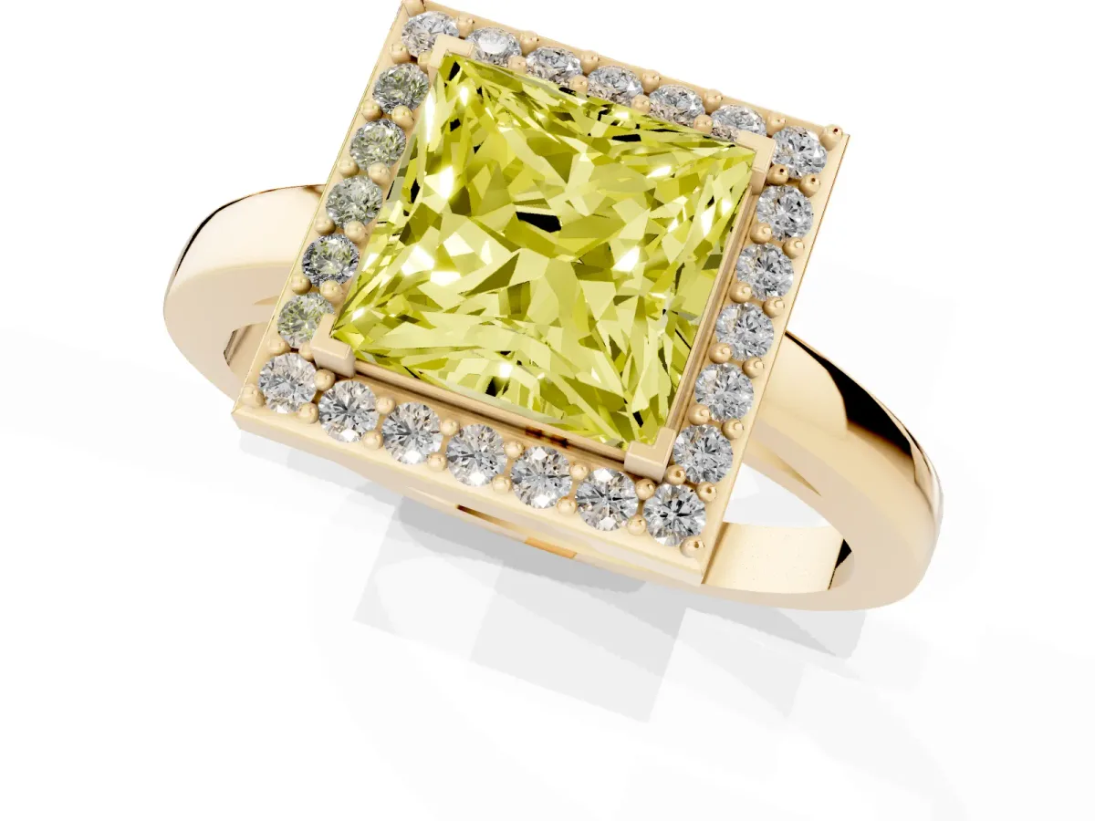 Fancy Yellow Princess Cut Halo Diamond Ring with Solitaire Band and Prong Setting Yellow gold