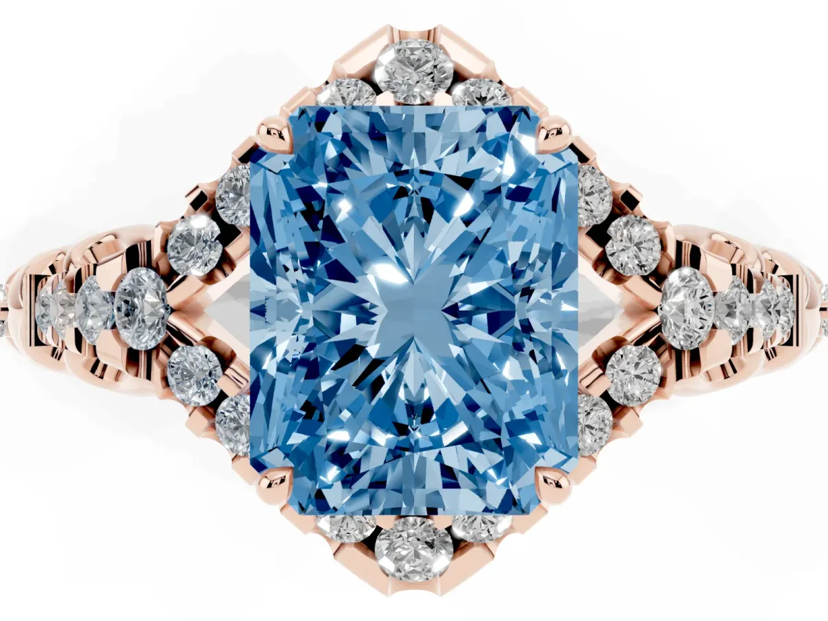 Fancy Blue Radiant Cut Diamond Solitaire Ring with Hidden Halo and Pavé Band Rose gold