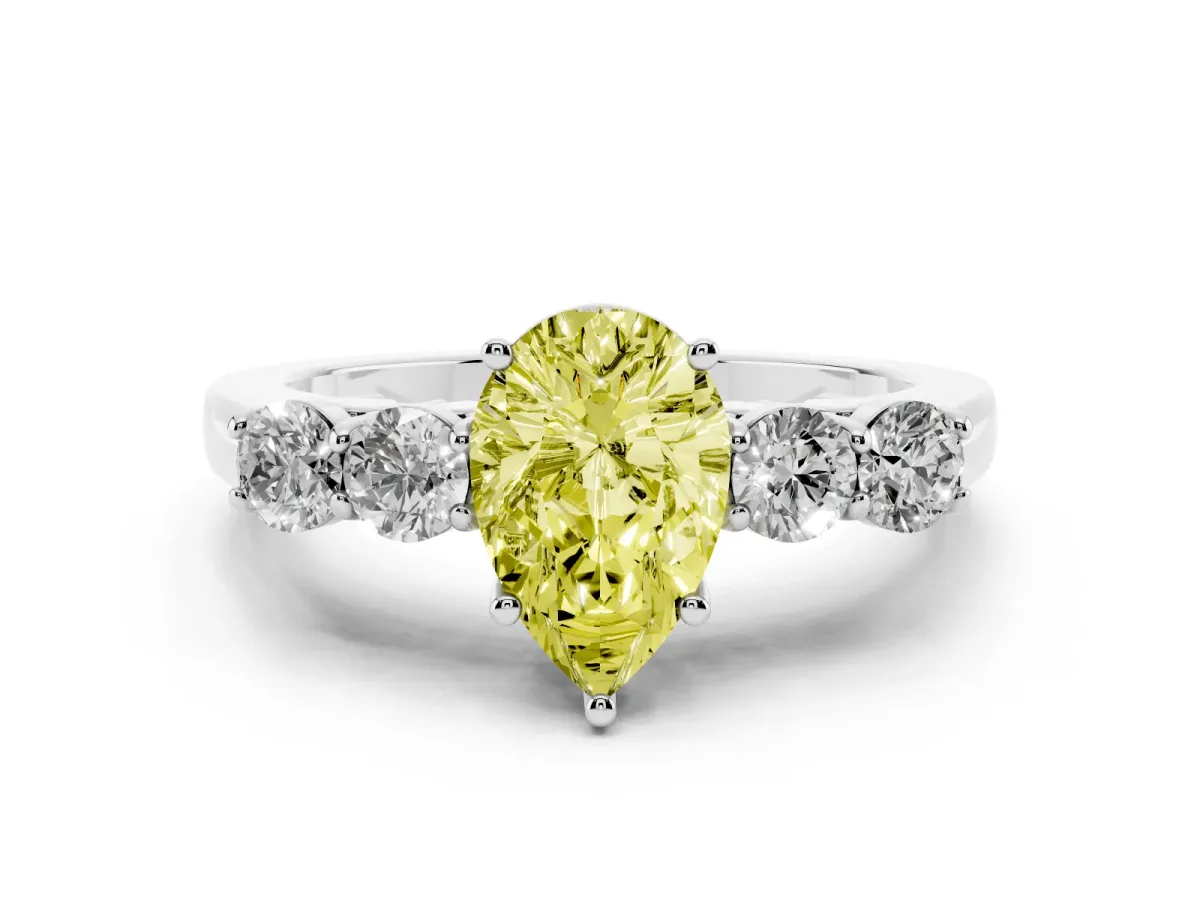 Fancy Yellow Pear Cut Cut Diamond Five-Stone Prong Set White Gold Ring Silver