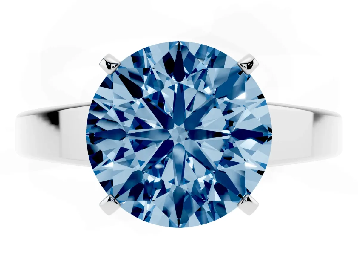 Fancy Blue Round Cut Solitaire Engagement Ring with Four-Prong Setting and Tapered Band Platinum
