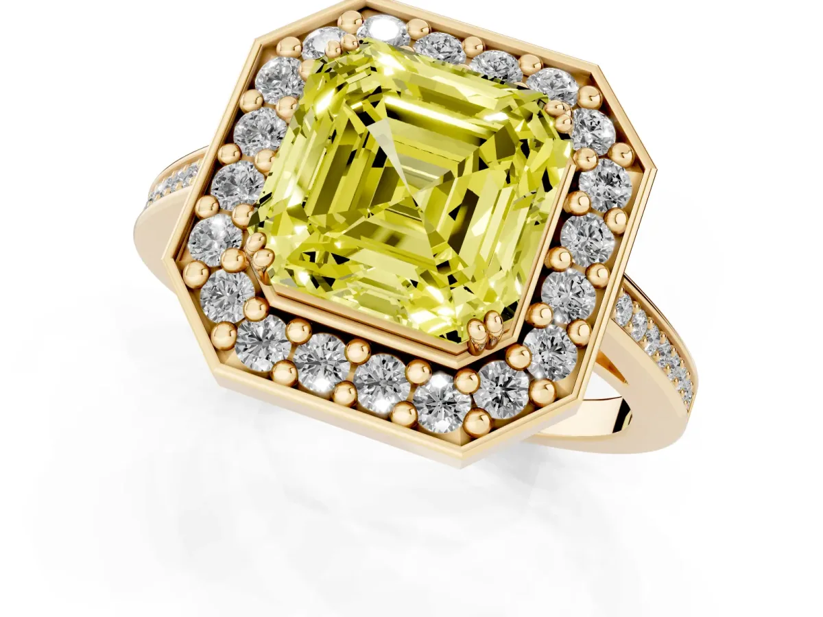 Fancy Yellow Asscher Cut Diamond Halo Ring with Split Shank and Four-Prong Setting Yellow gold