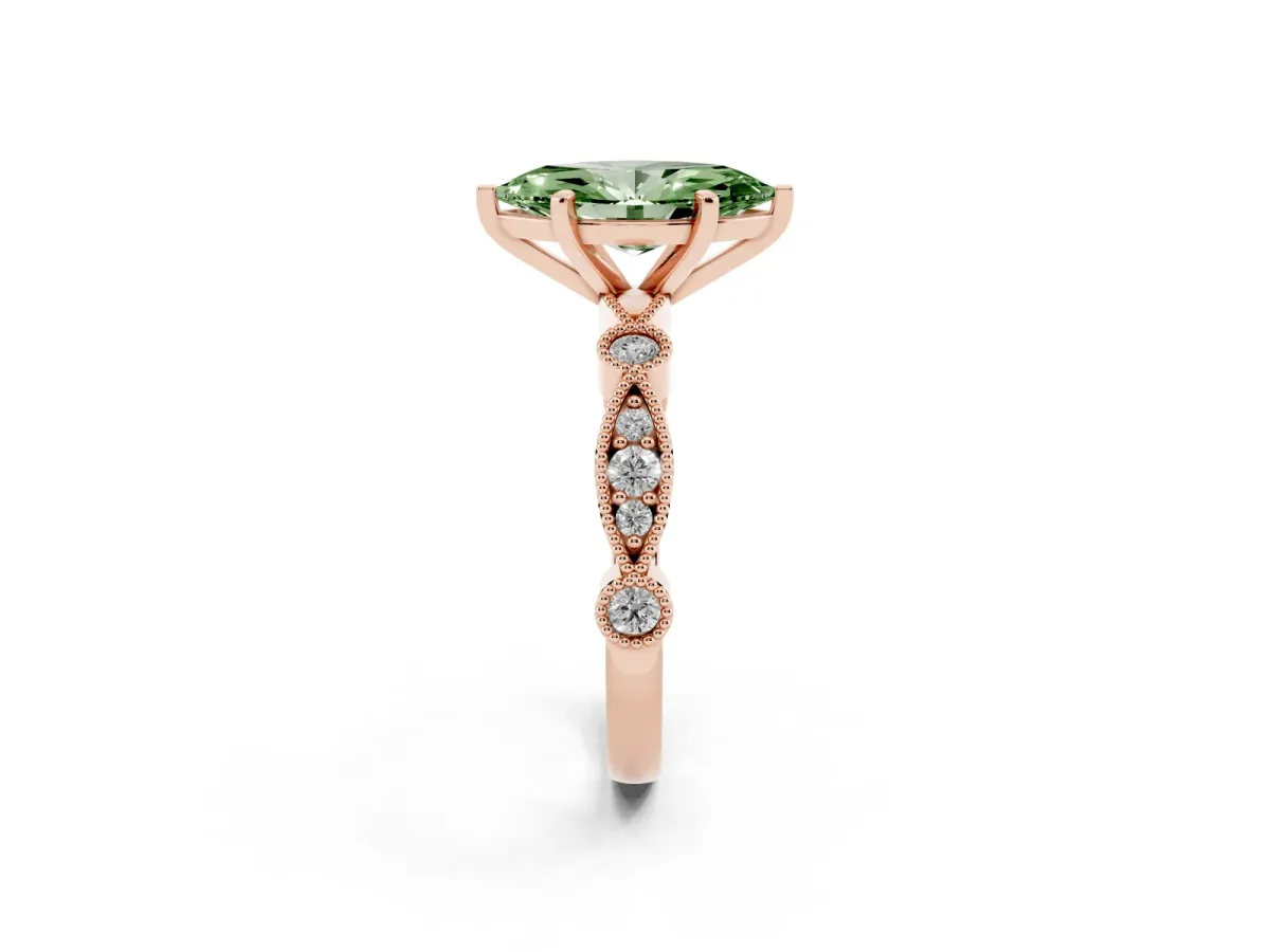 Fancy Green Marquise Cut Milgrain Bezel Diamond Engagement Ring with Solitaire Prong Setting Rose gold