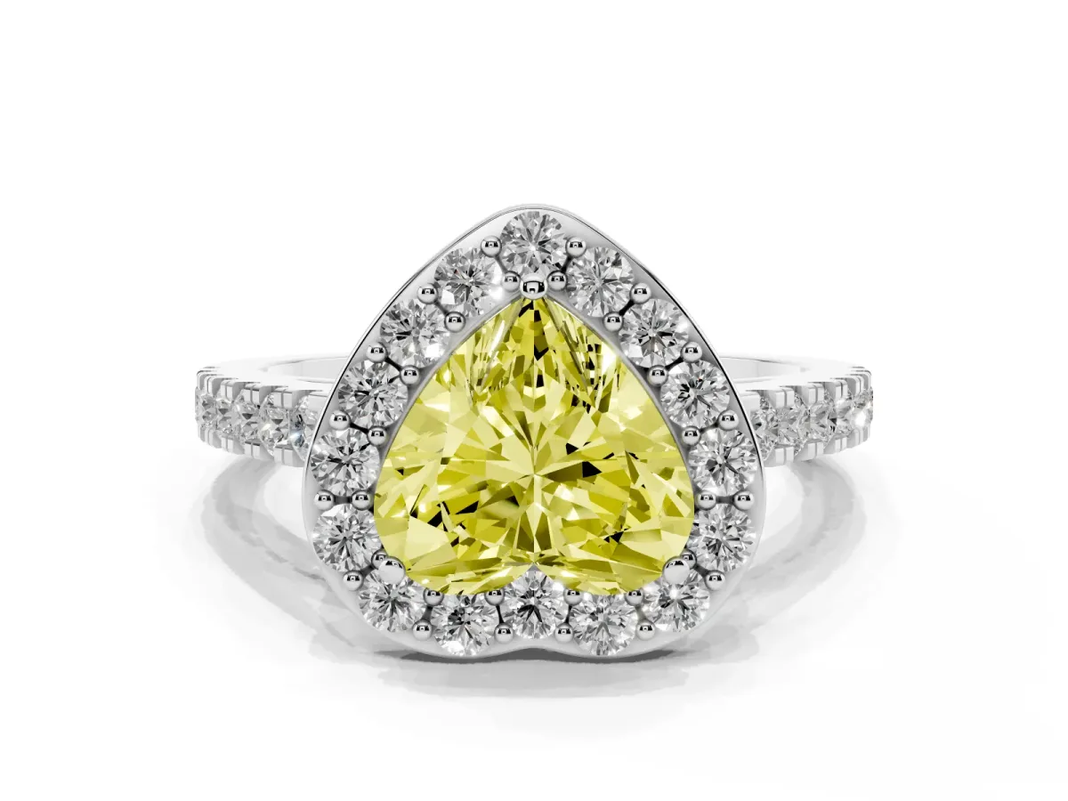 Fancy Yellow Heart Cut Diamond Halo Ring with Round Pavé Split Shank and Prong Setting Silver