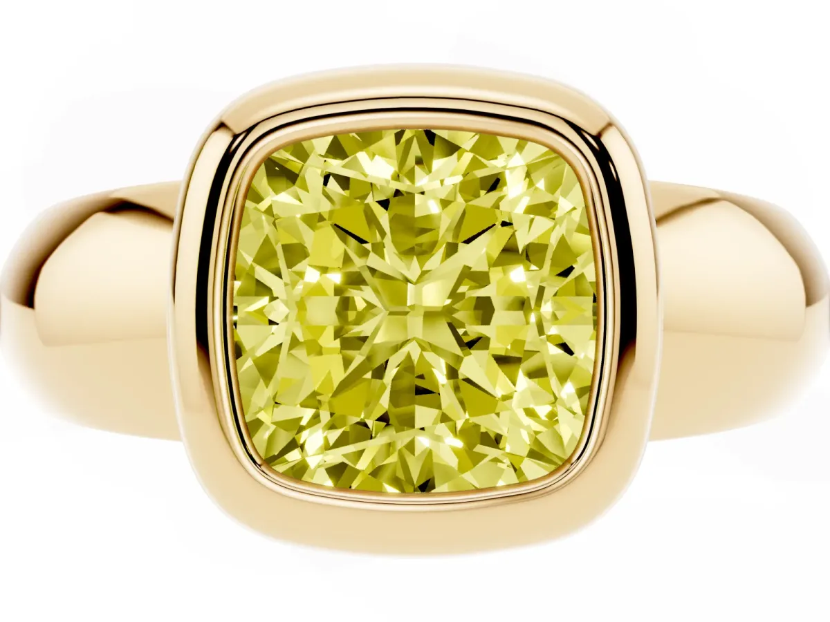 Fancy Yellow Bezel Set Cushion Cut Solitaire Ring with Wide Band Yellow gold