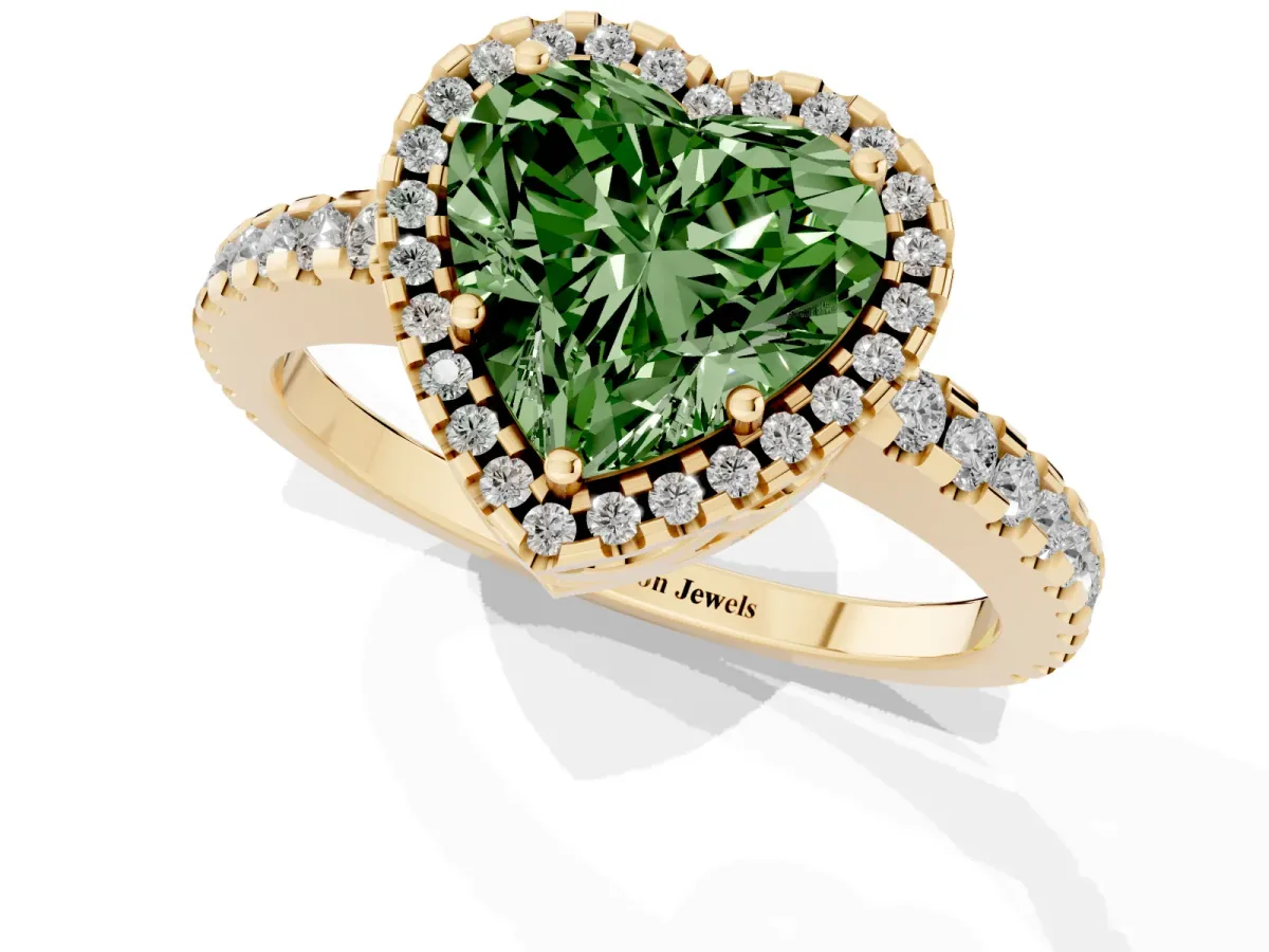 Fancy Green Heart Cut Diamond Halo Engagement Ring with Pavé Band and Prong Setting Yellow gold