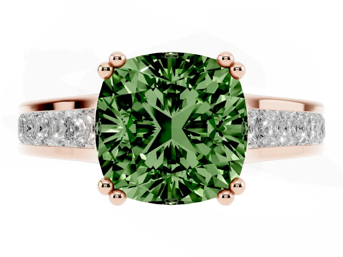 Fancy Green Cushion Cut Cut Channel Set Solitaire Engagement Ring with Prong Setting Rose gold