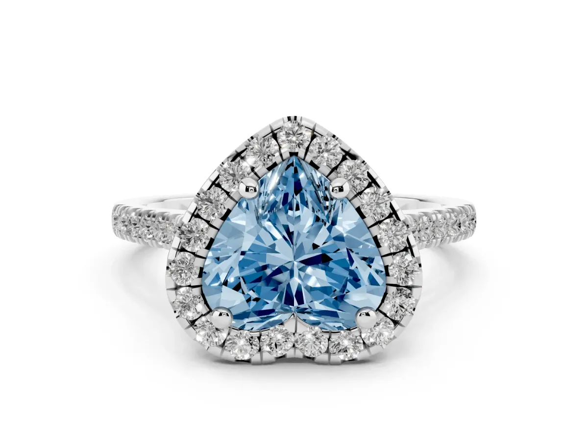 Fancy Blue Heart Cut Diamond Cushion Halo Ring with Pavé Band Silver