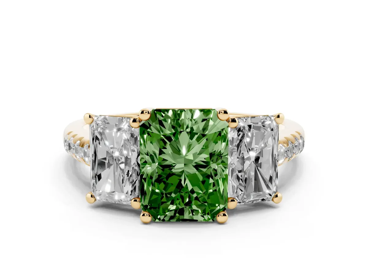 Fancy Green Three-Stone Radiant Cut Diamond Ring with Round Pavé Band and Prong Setting Yellow gold
