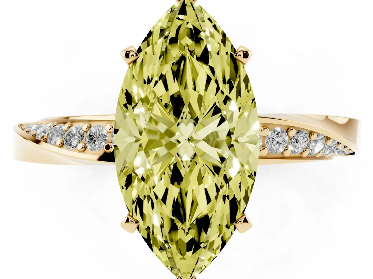 Fancy Yellow Marquise Cut Diamond Engagement Ring with Side Stone Accents and Four-Prong Setting Yellow gold
