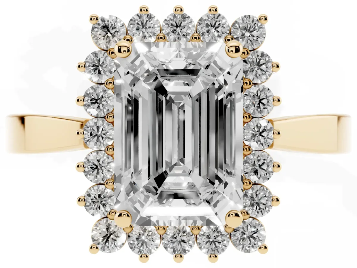 Emerald Cut Cut Diamond Halo Ring with Round Brilliant Halo and Solitaire Band Yellow gold