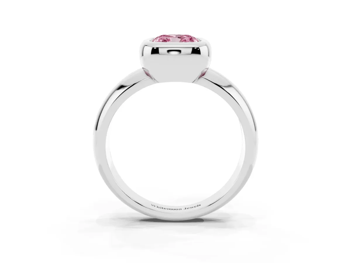 Fancy Pink Bezel Set Cushion Cut Solitaire Ring with Wide Band Silver