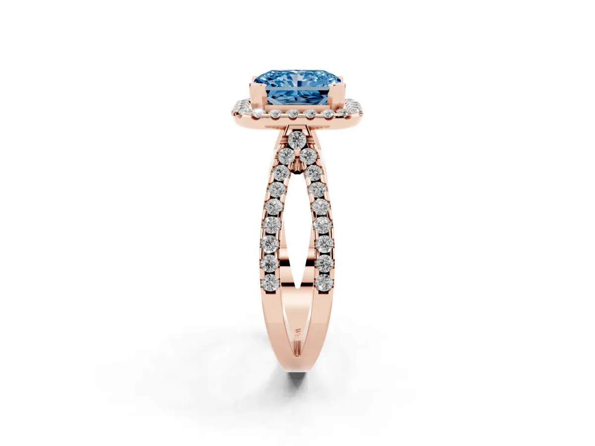 Fancy Blue Radiant Cut Diamond Halo Ring with Split Shank Pavé Band and Prong Setting Rose gold