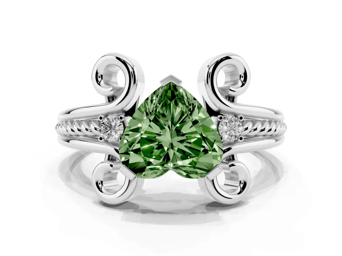 Fancy Green Heart Cut Solitaire Twisted Band Scroll Prong Ring White gold