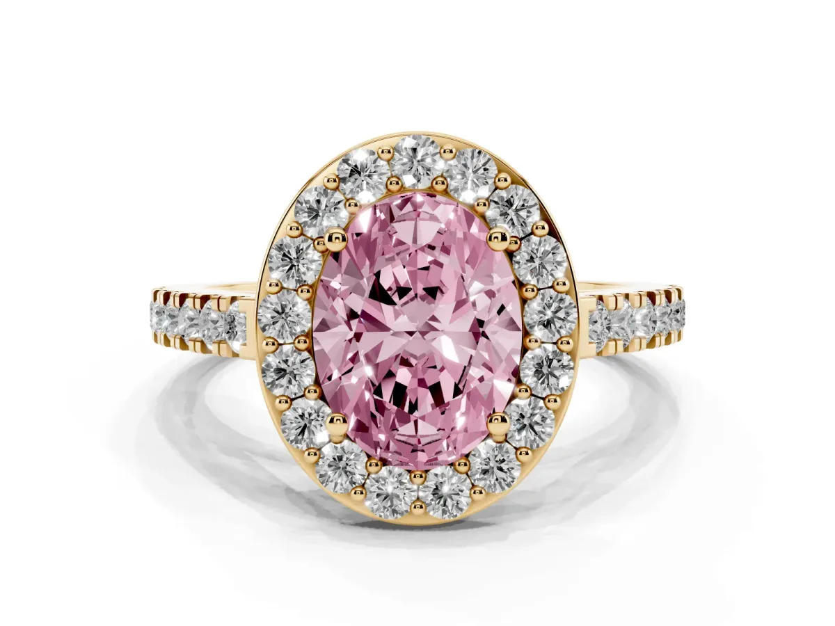 Fancy Pink Oval Cut Diamond Halo Ring with Round Pavé Split Shank and Prong Setting Yellow gold
