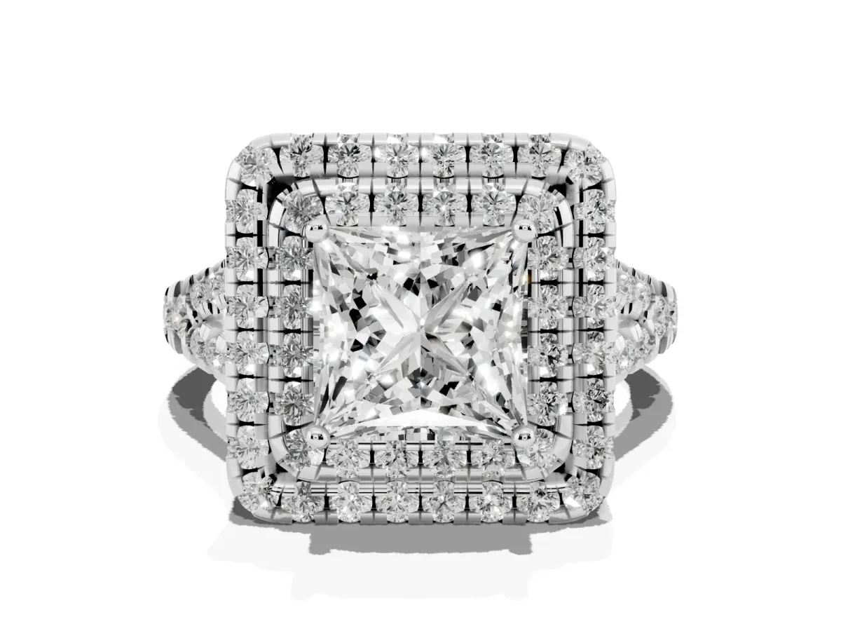 Double Halo Princess Cut Diamond Pavé Split Shank Ring with Prong Setting Platinum
