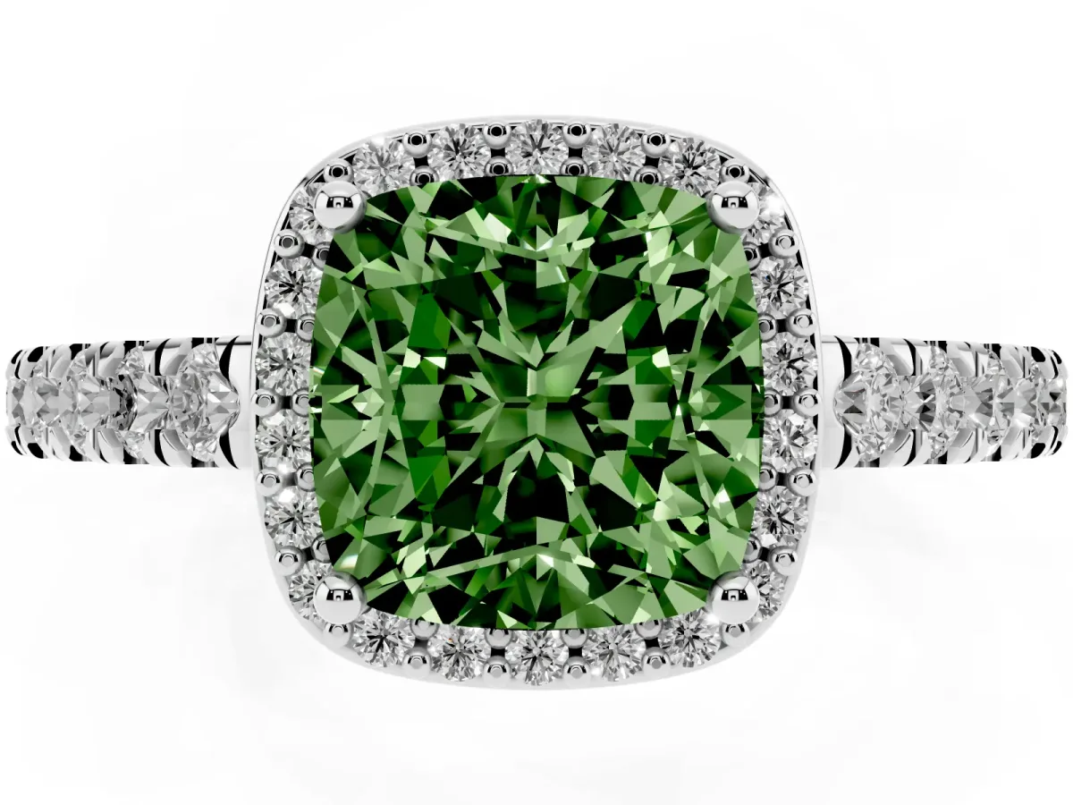 Fancy Green Cushion Cut Cut Halo Diamond Engagement Ring with Pave Band and Four-Prong Setting White gold