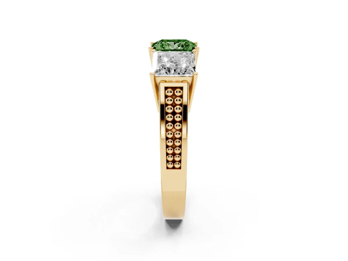 Fancy Green Princess Cut Diamond Three-Stone Ring with Prong Setting and Textured Band Yellow gold