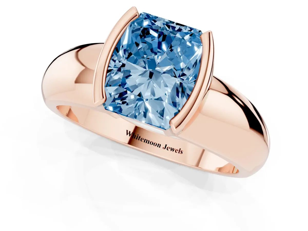 Fancy Blue Radiant Cut Solitaire Tension Set Diamond Ring with Wide Band Rose gold
