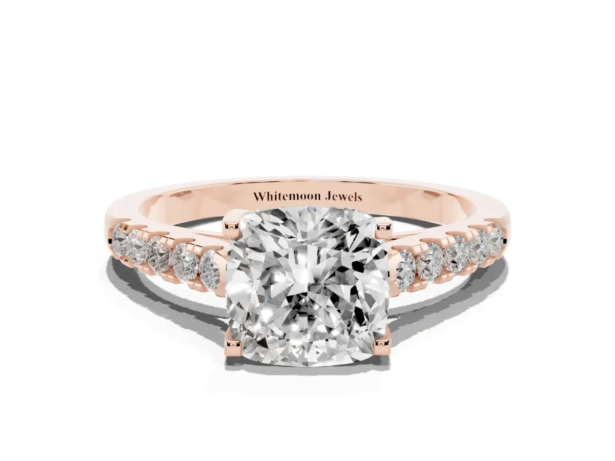 Cushion Cut Diamond Pavé Band Solitaire Ring with Prong Setting Rose gold
