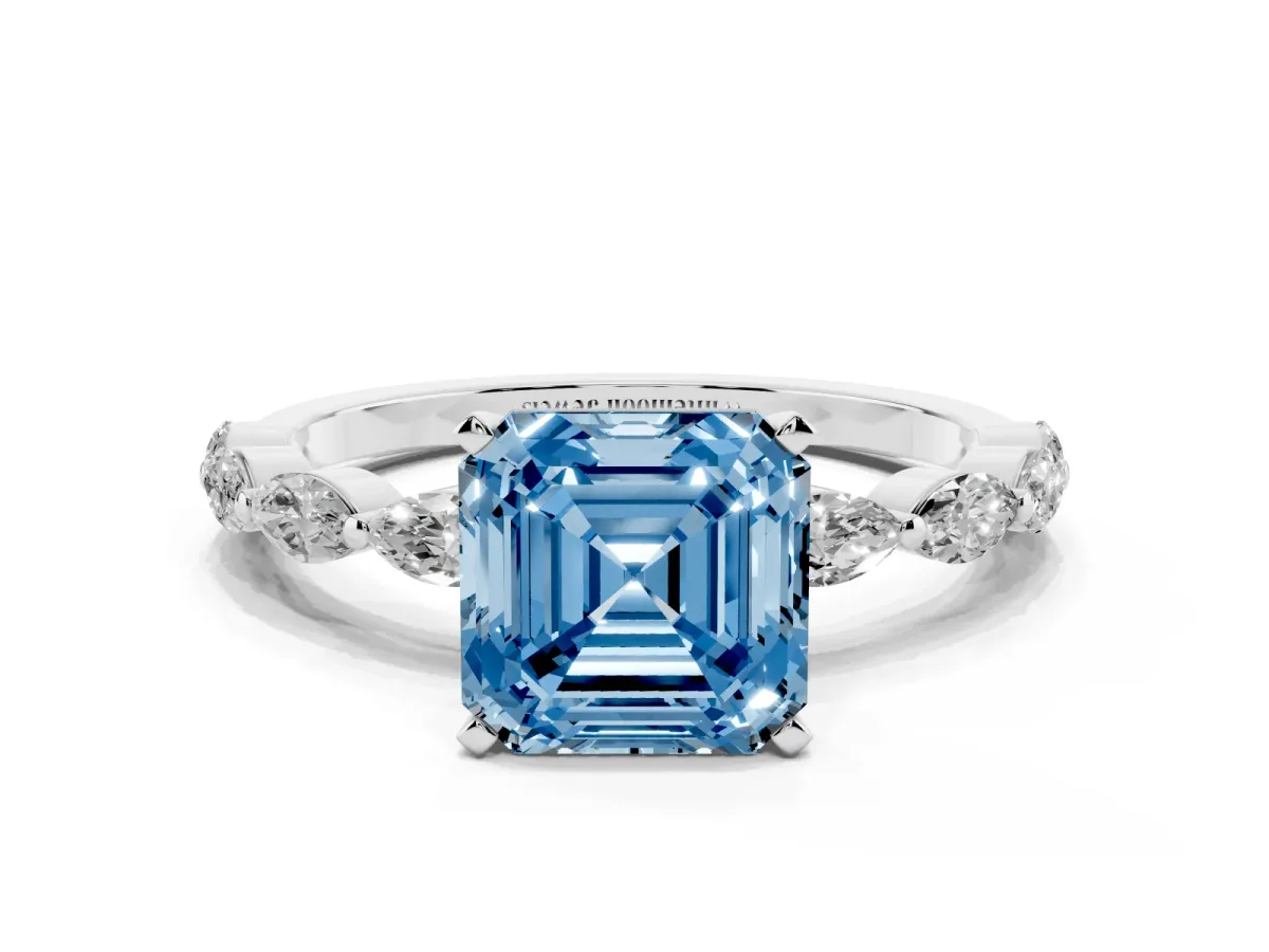 Fancy Blue Asscher Cut Diamond Ring with Marquise Side Stones and Prong Setting Silver