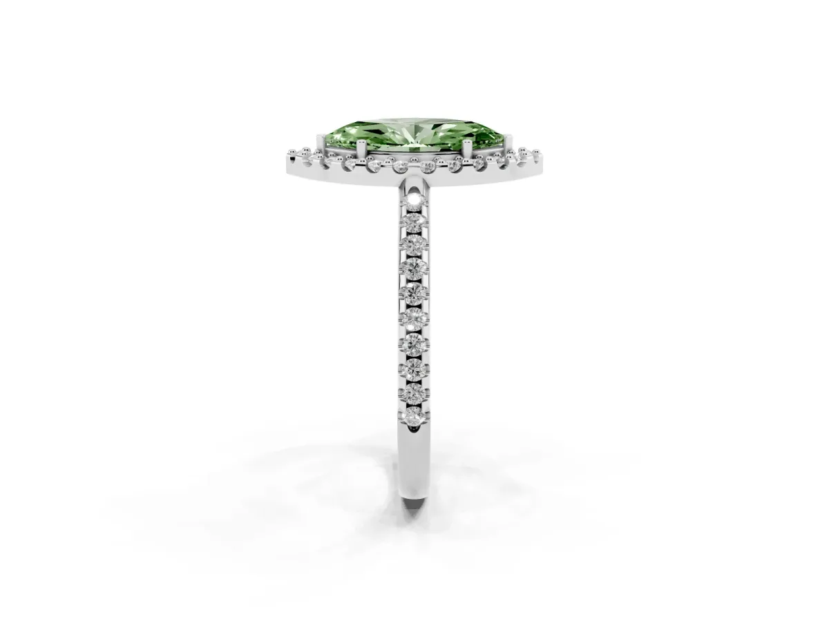 Fancy Green Marquise Cut Diamond Pavé Halo Ring with Four-Prong Setting Silver