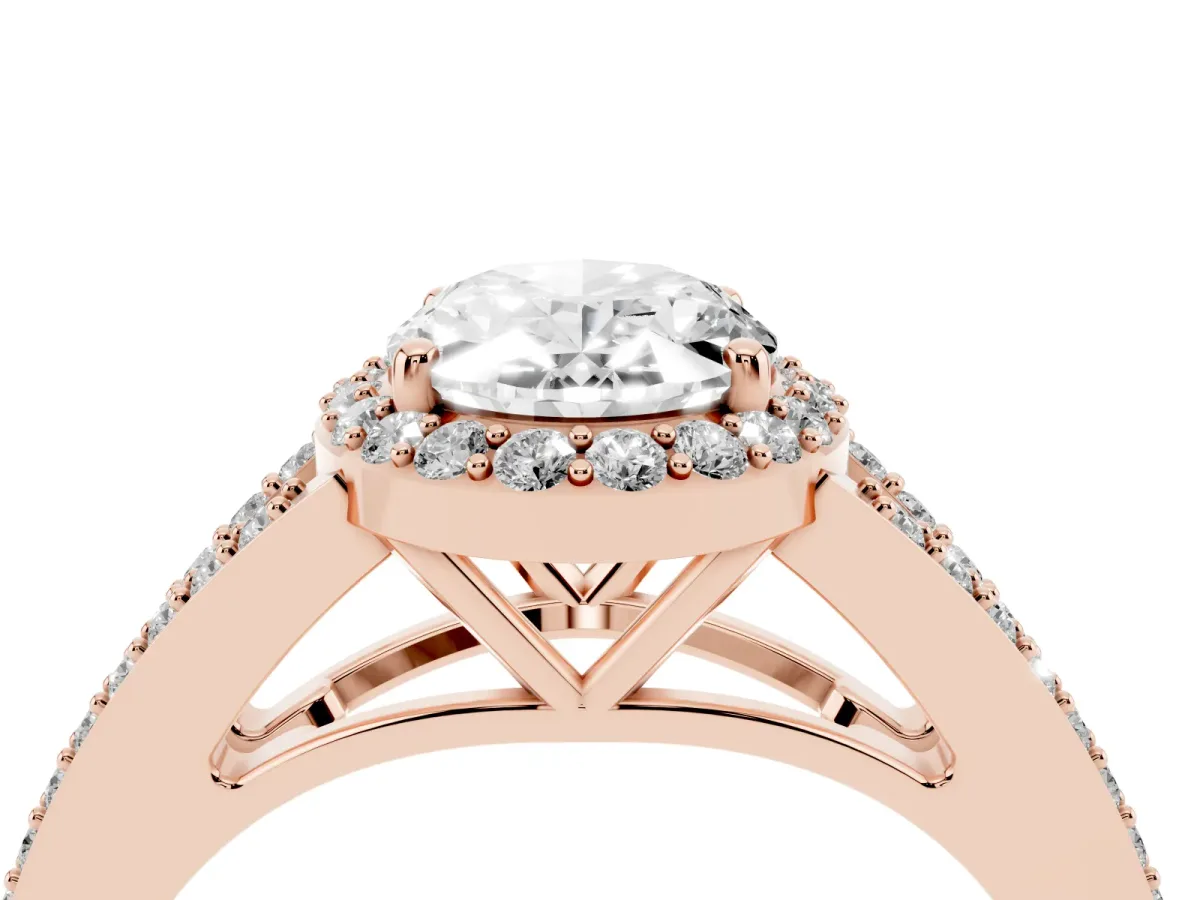 Oval Cut Halo Split Shank Diamond Ring with Prong Setting Rose gold