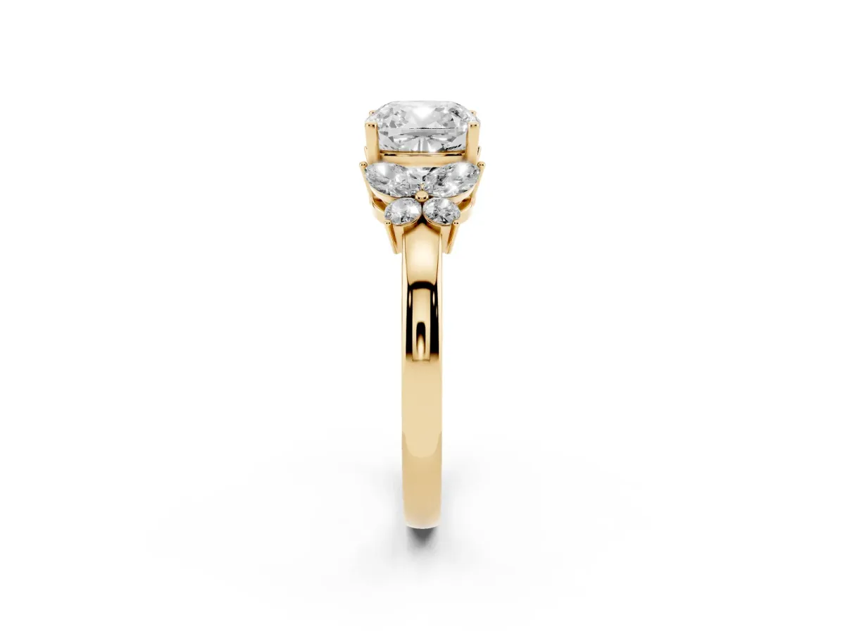 Cushion Cut Cut Solitaire Floral Diamond Ring with Four-Prong Setting Yellow gold