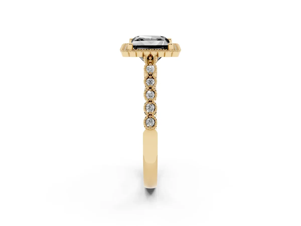 Fancy Black Princess Cut Cut Halo Pavé Solitaire Ring with Milgrain Band Yellow gold
