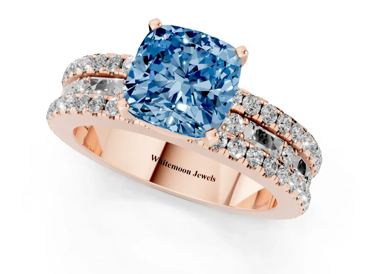 Fancy Blue Cushion Cut Diamond Solitaire Ring with Pavé and Channel Set Band Rose gold