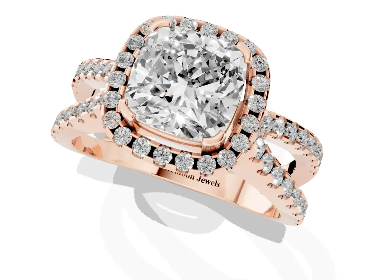 Cushion Cut Diamond Halo Ring with Split Shank Pavé Band and Prong Setting Rose gold