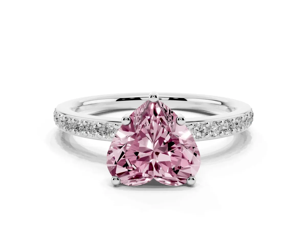 Fancy Pink Heart Cut Cut Diamond Pavé Band Ring with Four-Prong Setting Silver
