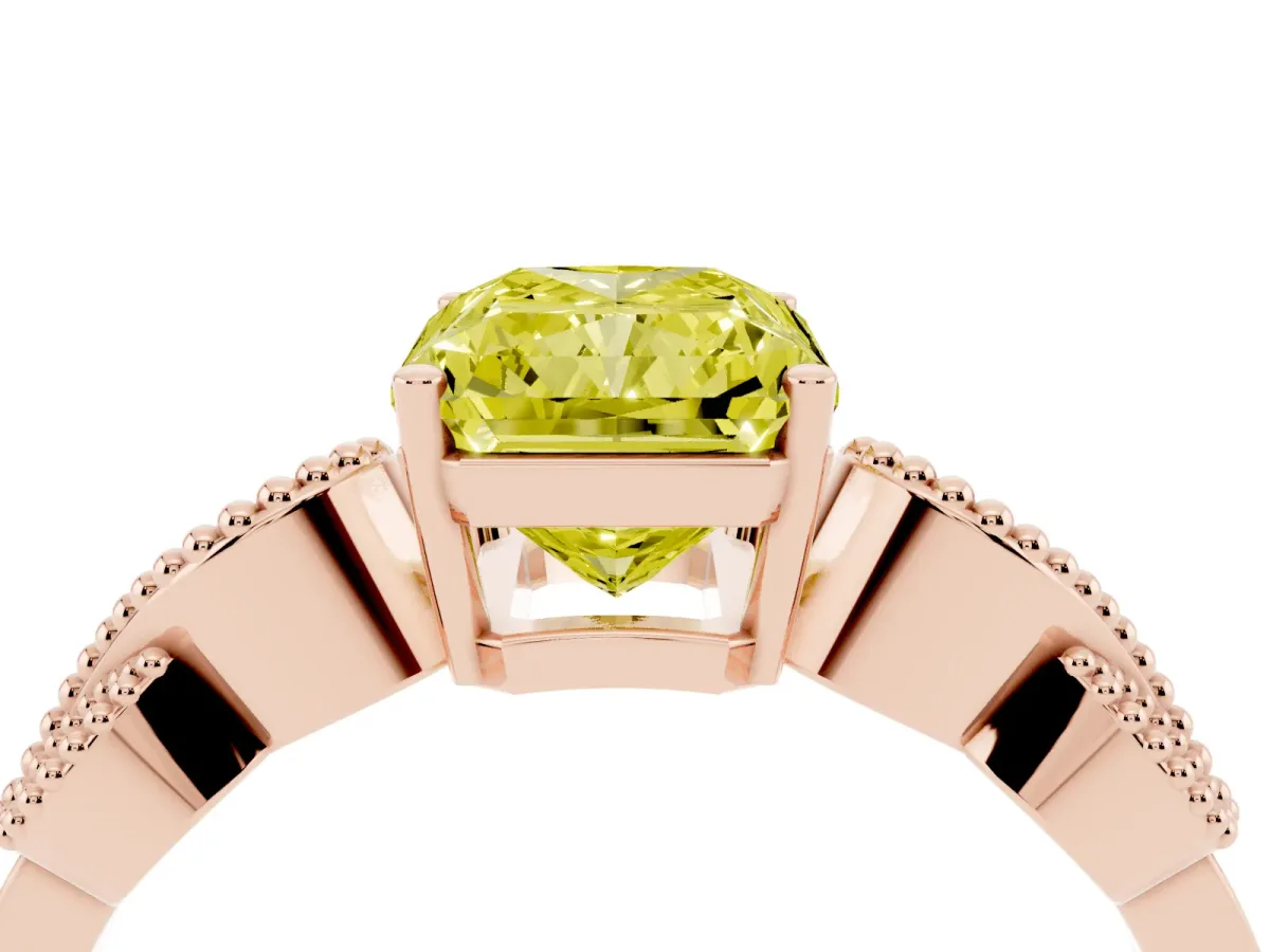 Fancy Yellow Radiant Cut Solitaire Milgrain Leaf Band with Prong Setting Rose gold