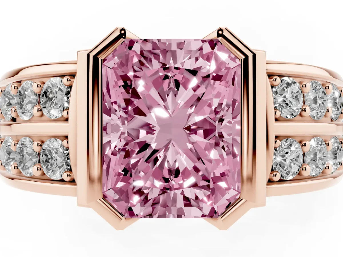 Fancy Pink Radiant Cut Brilliant Diamond Channel Set Wide Band Ring with Bezel Setting Rose gold