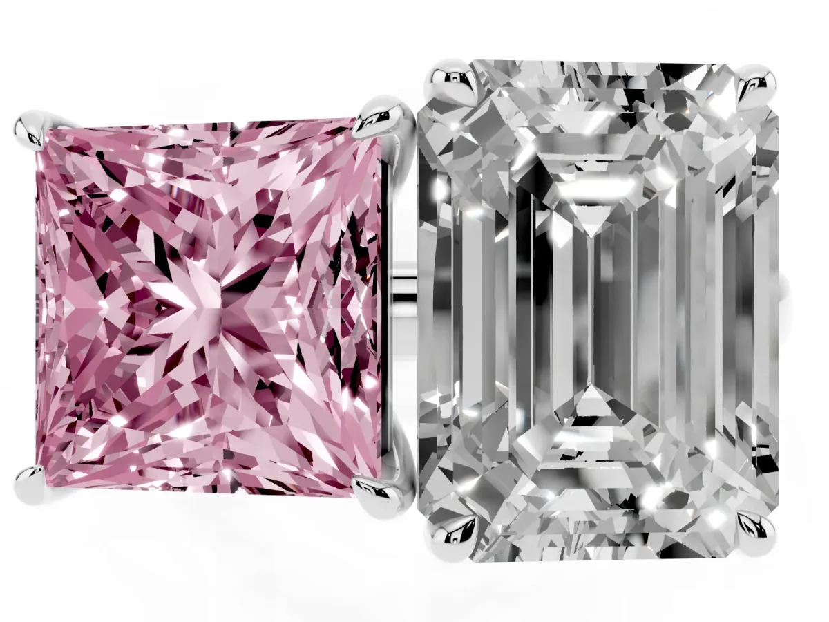 Fancy Pink Princess Cut and Emerald Cut Toi Moi Ring with Prong Setting Silver