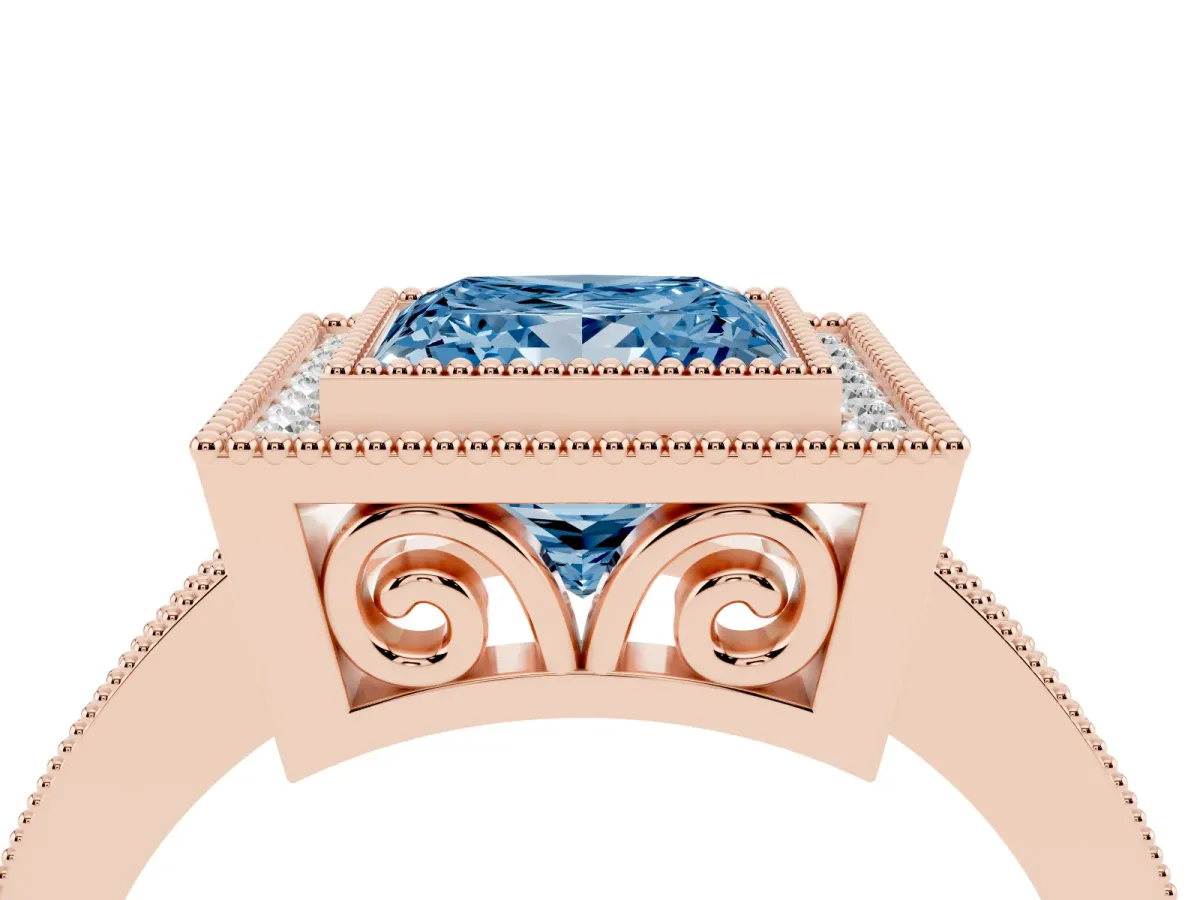 Fancy Blue Princess Cut Cut Halo Diamond Ring with Pavé Band and Milgrain Prong Setting Rose gold