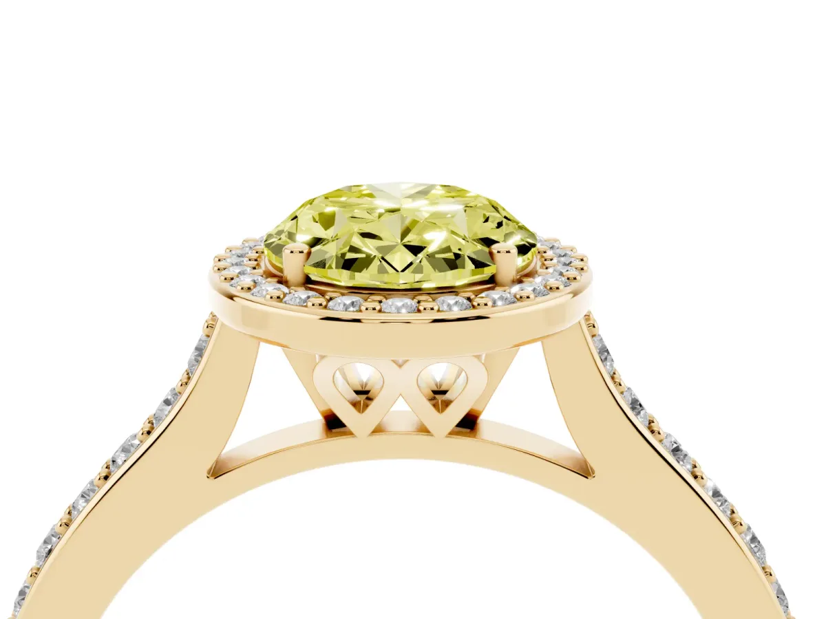 Fancy Yellow Oval Cut Diamond Halo Engagement Ring with Round Pavé Shoulders and Prong Setting Yellow gold