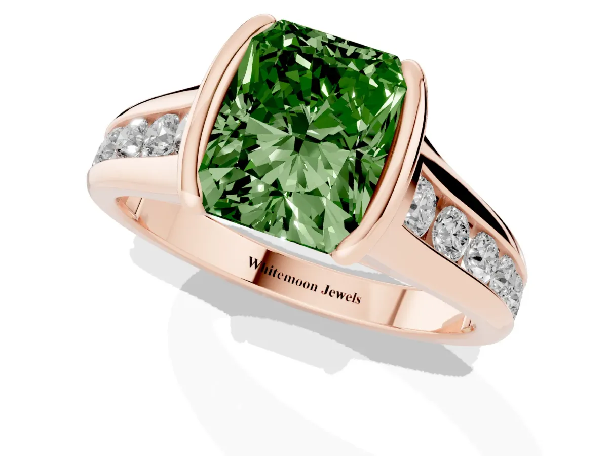 Fancy Green Radiant Cut Solitaire Bezel-Set Diamond Ring with Channel-Set Band Rose gold