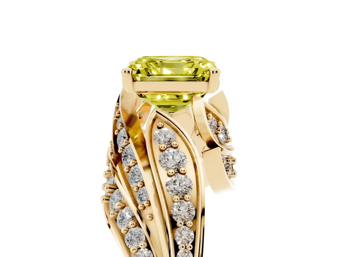 Fancy Yellow Asscher Cut Diamond Solitaire Ring with Prong Setting and Twisted Pavé Band Yellow gold