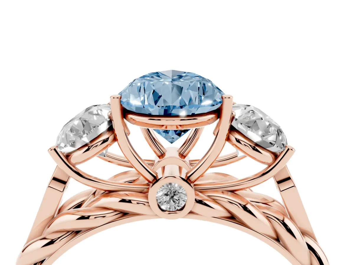 Fancy Blue Three-Stone Pear Cut Diamond Braided Band Ring with Four-Prong Setting Rose gold