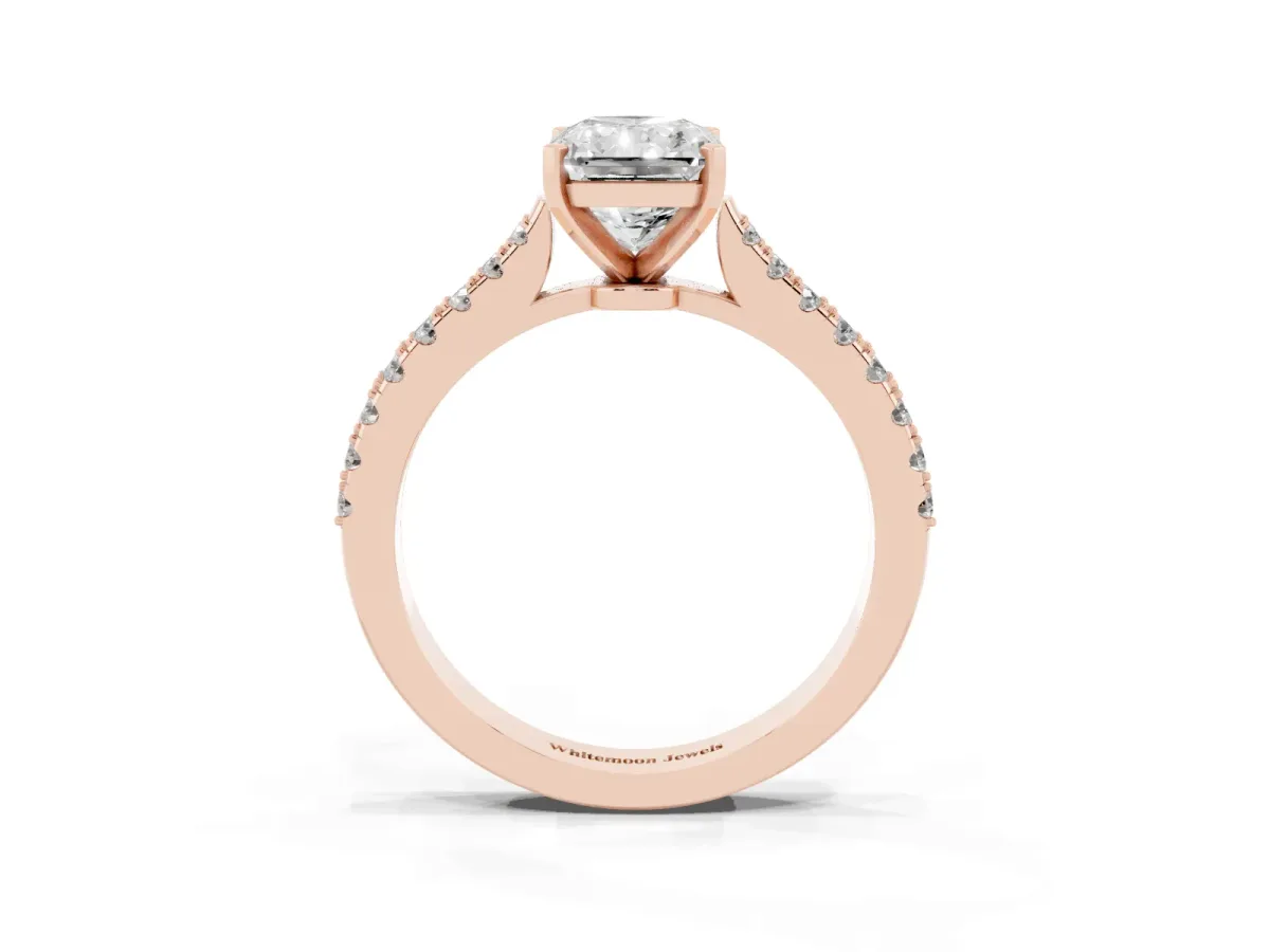 Radiant Cut Cut Solitaire Diamond Engagement Ring with Pave Band and Four-Prong Setting Rose gold