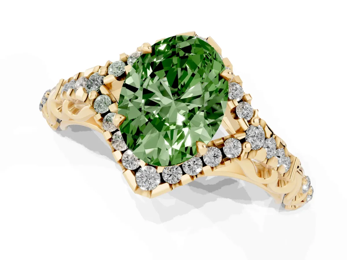 Fancy Green Oval Cut Diamond Solitaire Ring with Hidden Halo and Pavé Band Yellow gold