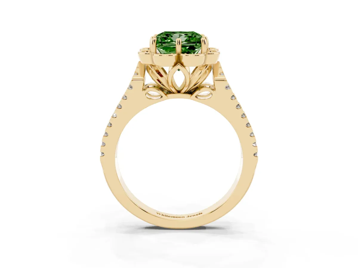 Fancy Green Princess Cut Halo Diamond Floral Split Shank Engagement Ring Yellow gold