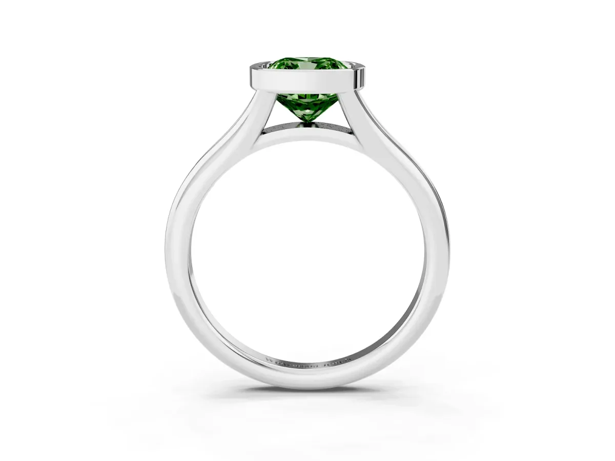 Fancy Green Bezel Set Cushion Cut Solitaire Diamond Ring with Smooth Band Platinum