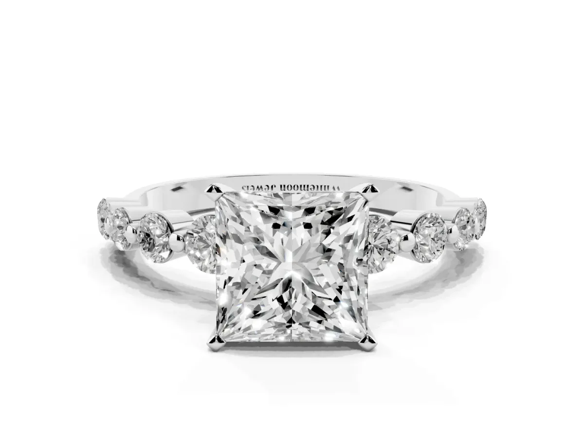 Princess Cut Solitaire Diamond Ring with Pave Band and Four-Prong Setting Silver