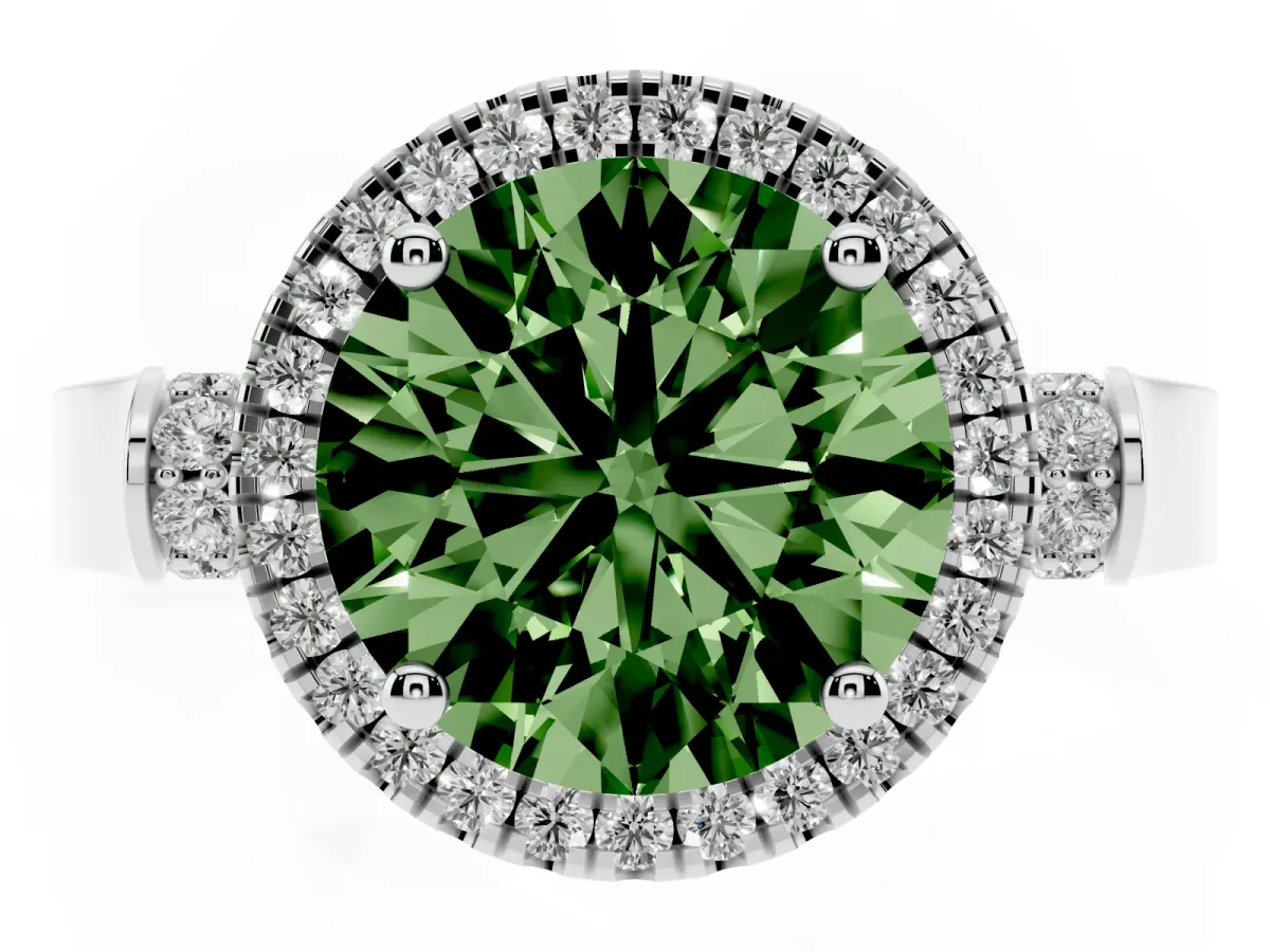Fancy Green Round Cut Halo Pave Split Shank Prong Setting Ring Silver