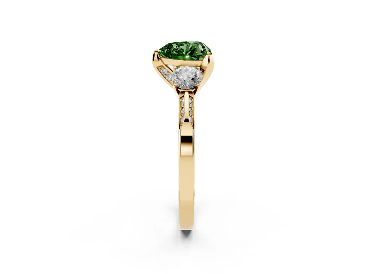 Fancy Green Heart Cut Brilliant Three-Stone Diamond Ring with Pavé Band and Four-Prong Setting Yellow gold