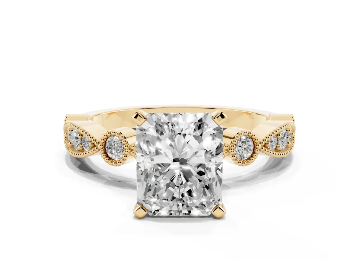 Radiant Cut Milgrain Bezel Diamond Engagement Ring with Solitaire Prong Setting Yellow gold