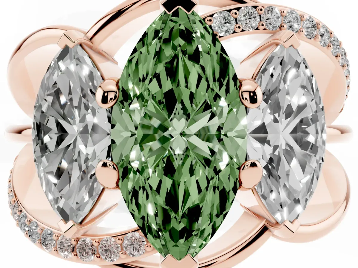 Fancy Green Three-Stone Marquise Cut Cut Diamond Split Shank Prong Set Ring Rose gold