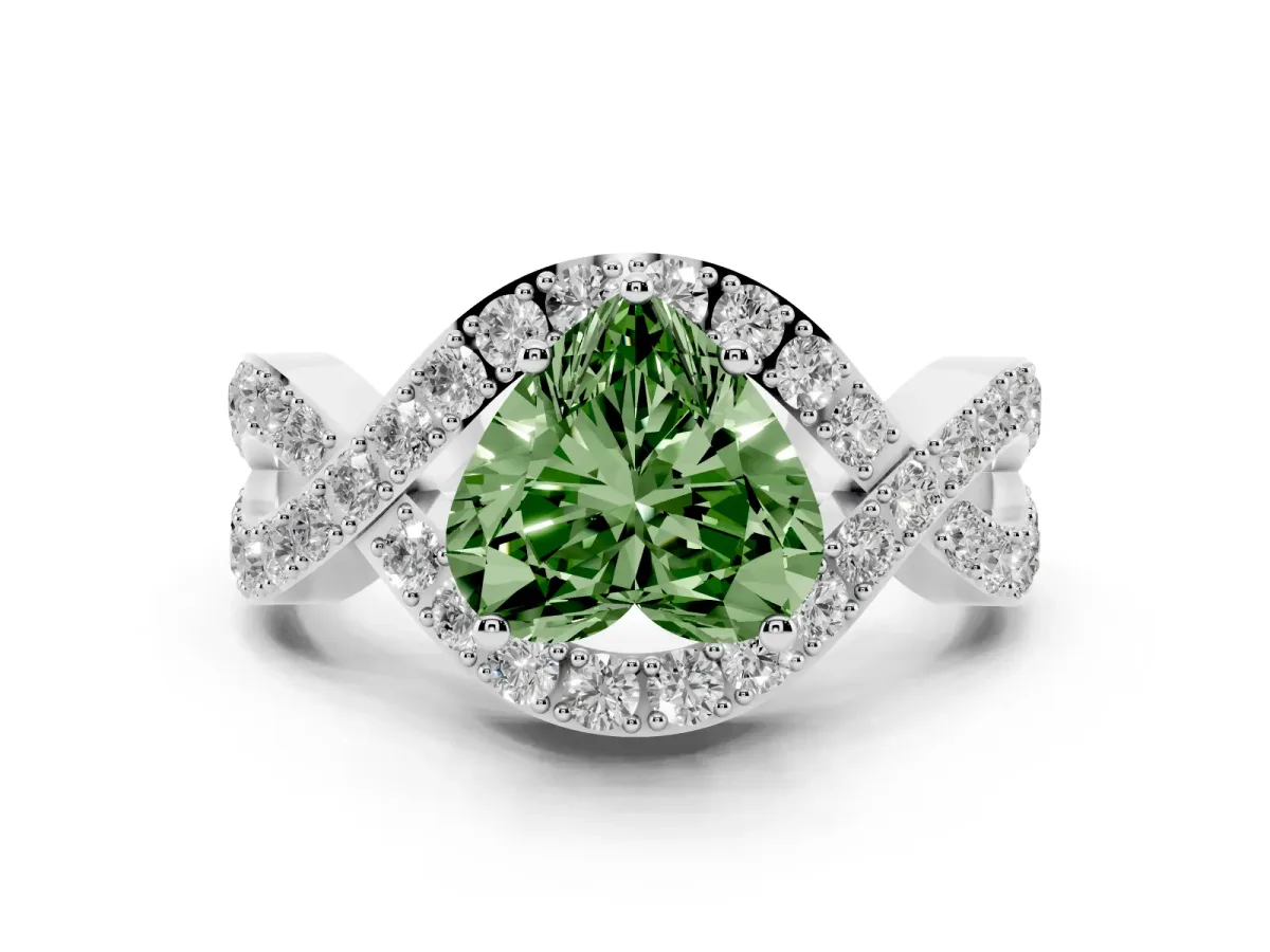 Fancy Green Heart Cut Solitaire Twist Band Pavé Diamond Engagement Ring Silver