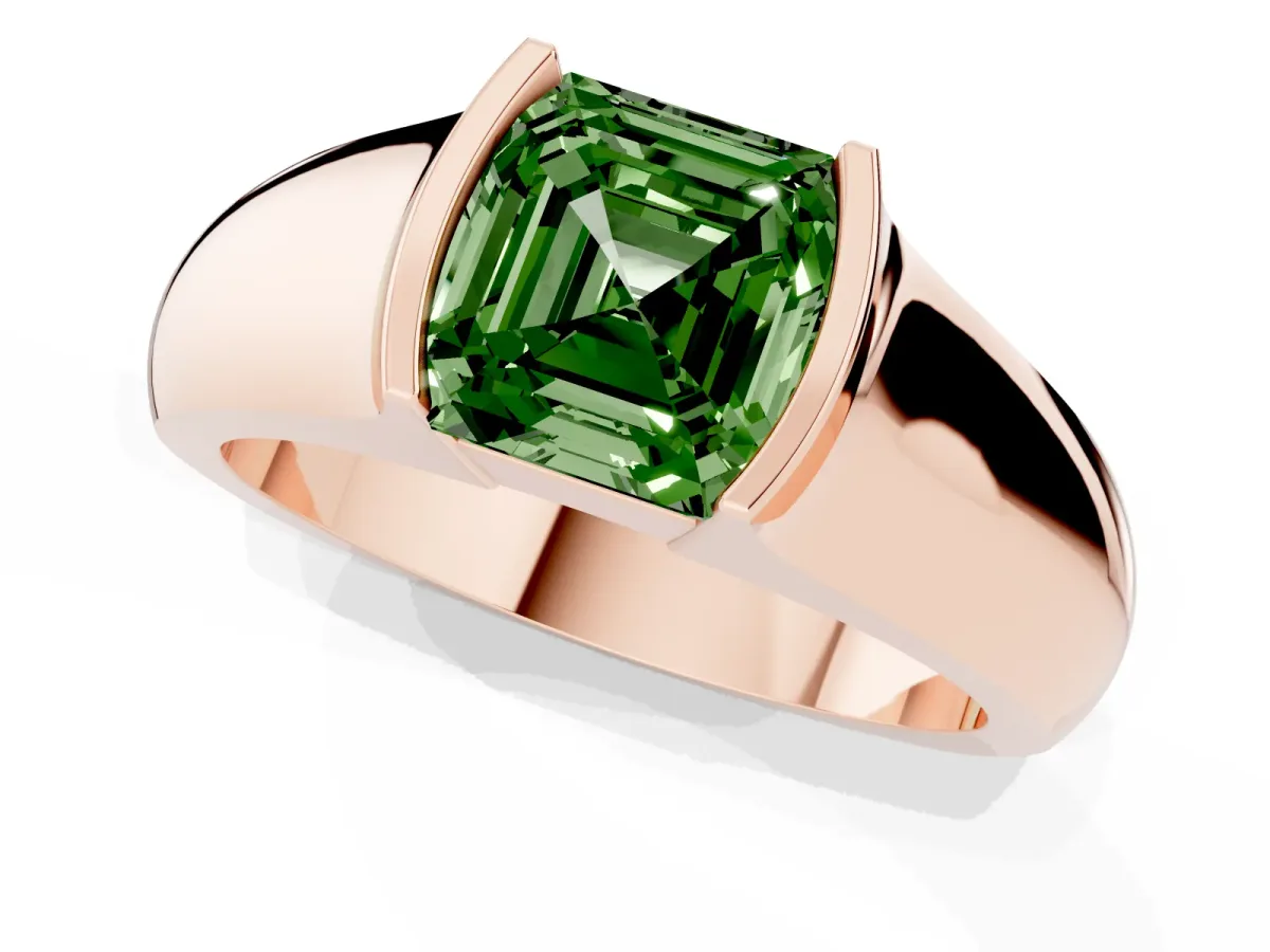Fancy Green Asscher Cut Solitaire Bezel Set Diamond Ring with Wide Band Rose gold